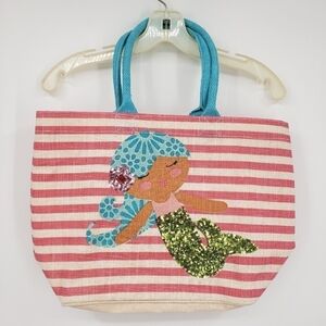 MUD Pie unisex mermaid tote bag pink stripe sequin woven fiber aqua handles